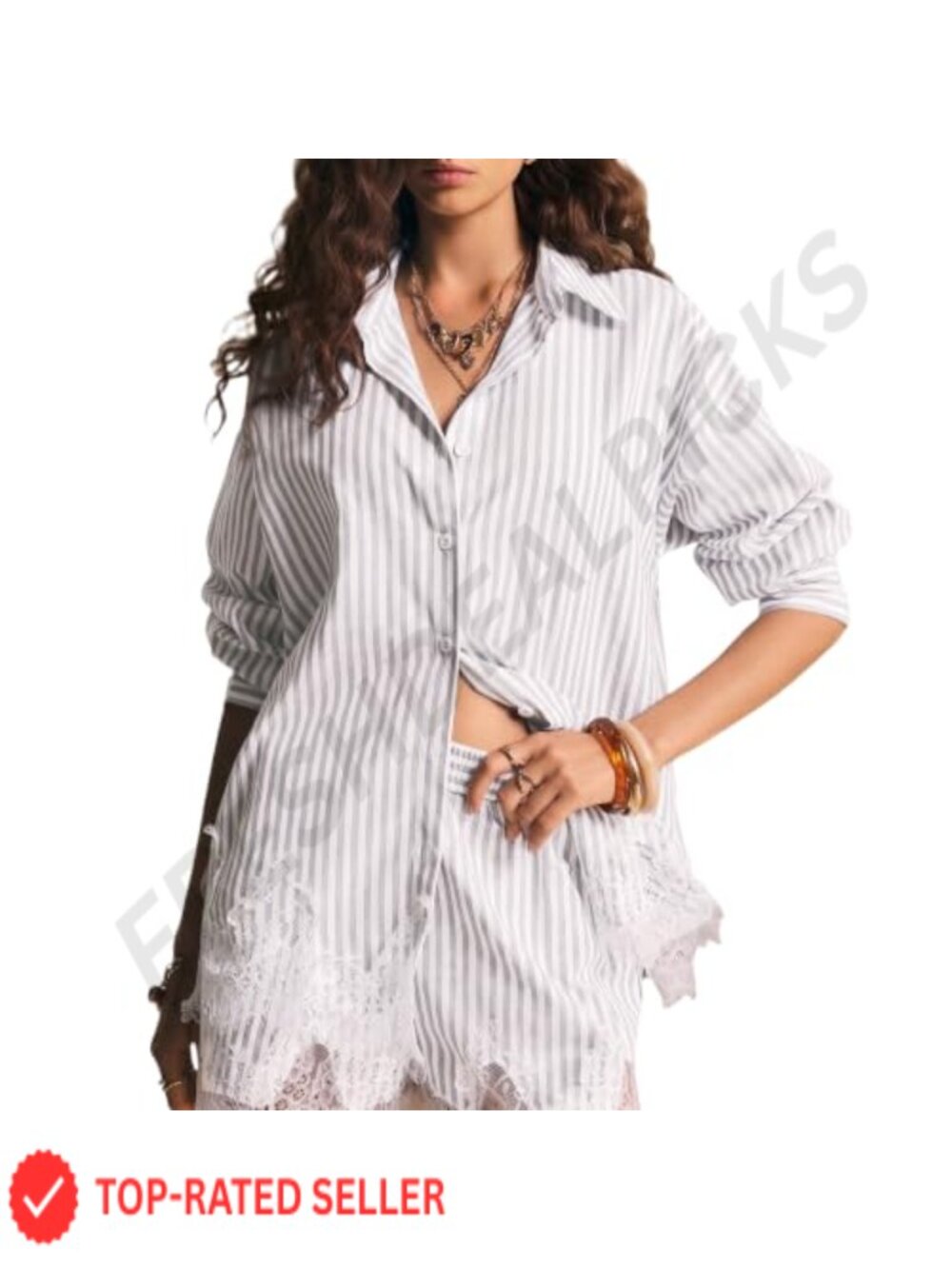 Womens Striped Patchwork Lace Button Down V-Neck Blouse Long Sleeve Summer